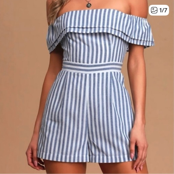 Lulus Pants - Lulus Nautical You Mine Blue and White Striped Off-Shoulder Romper